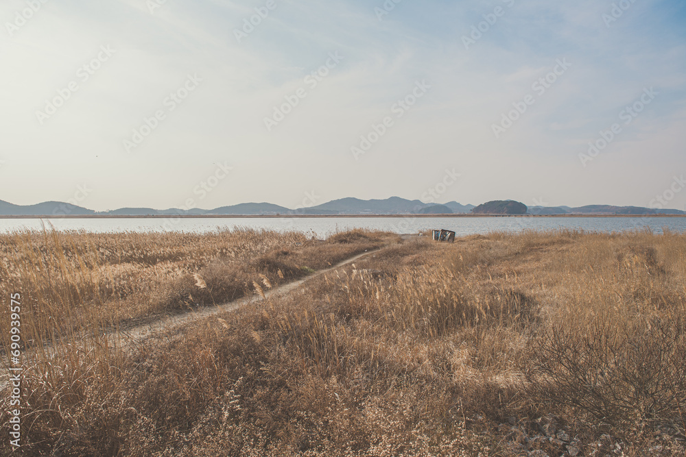 Scenery of a lonely country road overlooking a river
