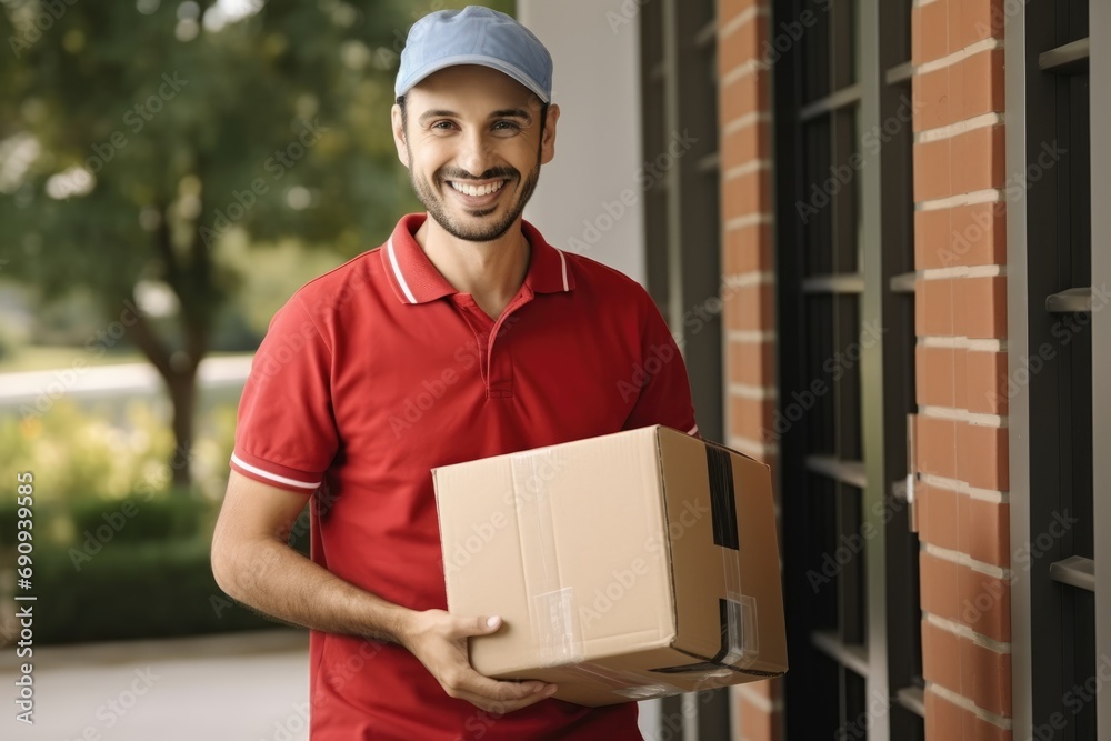 Portrait Of Courier With Delivering Box. Ecommerce, export and distribution service with male postman Portrait Of Courier With Delivering Box. Ecommerce, export and distribution service with male postman