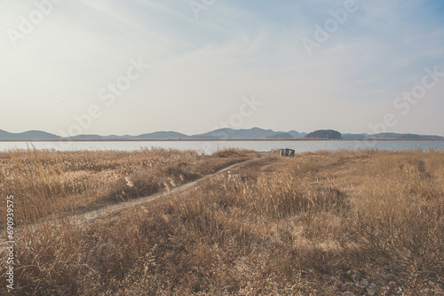 Scenery of a lonely country road overlooking a river 