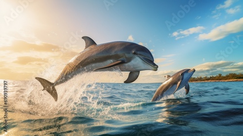 Dolphins jumping and spraying water in the Caribbean Sea  natural 