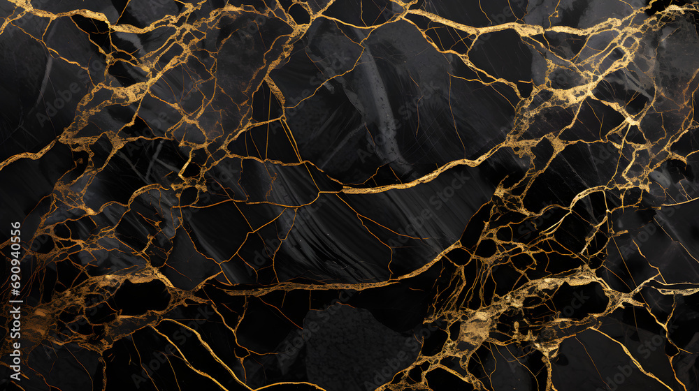 Fototapeta premium natural black Emperador marble texture with golden veins, black high gloss marble stone for interior exterior decoration design, black granite ceramic. Generative AI.