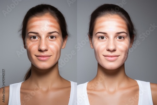 Woman before after tan spray with skintone lines photo