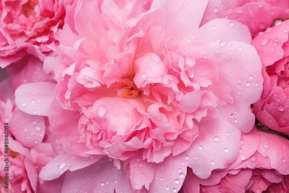 Peony and drops of water background. Peony in drops of water