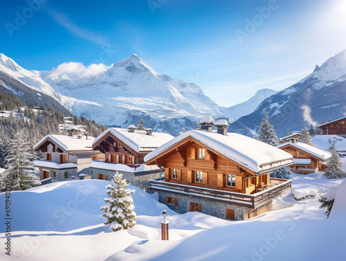 Snow-covered mountain range seen behind a row of charming alpine chalets nestled in a cozy atmosphere.