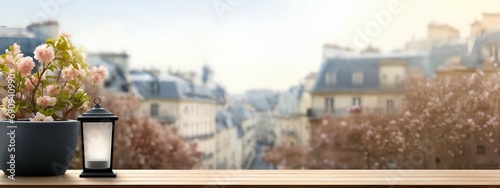 Beautiful blooms in rustic pots on a table with a sunny Paris street in soft focus, banner, design template, travel and lifestyle