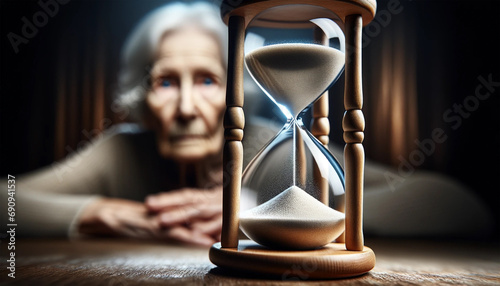 Old woman life with hourglass. The time is nearly over photo