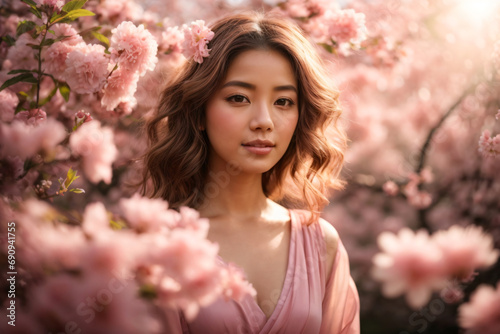 A beautiful girl with a pink sakura flower garden. generative AI