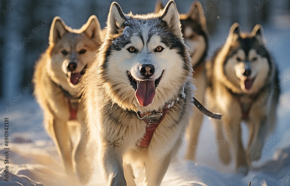 A quartet of husky sled dogs sprinting along a snow-covered backcountry path. Sledding over the winter landscape of Czechia with huskies.. A quartet of husky sled dogs sprinting along a snow-covered backcountry path. Sledding over the winter landscape of Czechia with huskies..