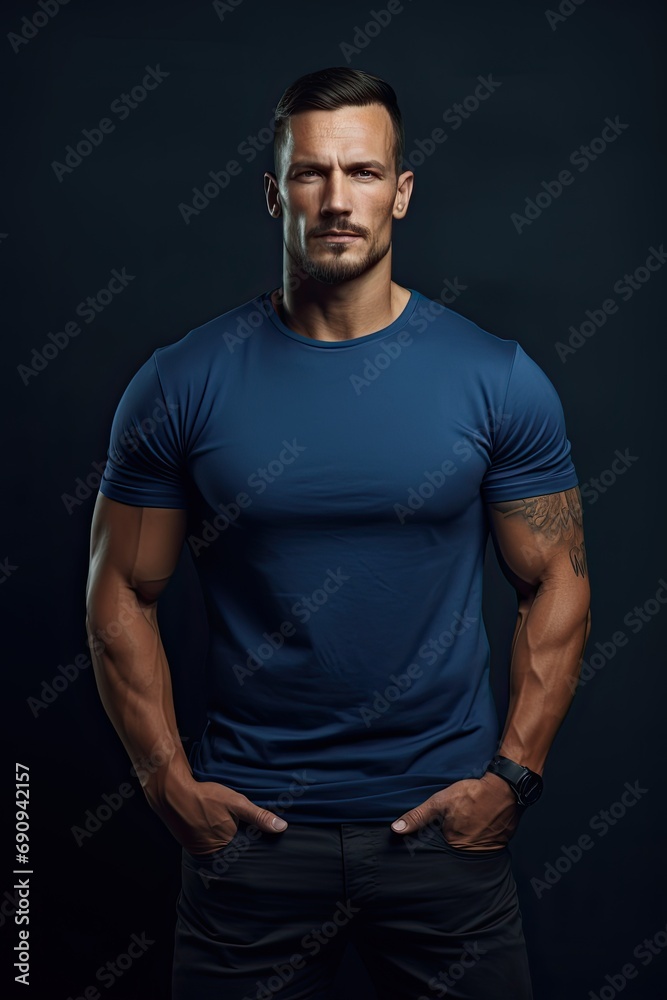 Muscular male fashion model with a blue t-shirt.