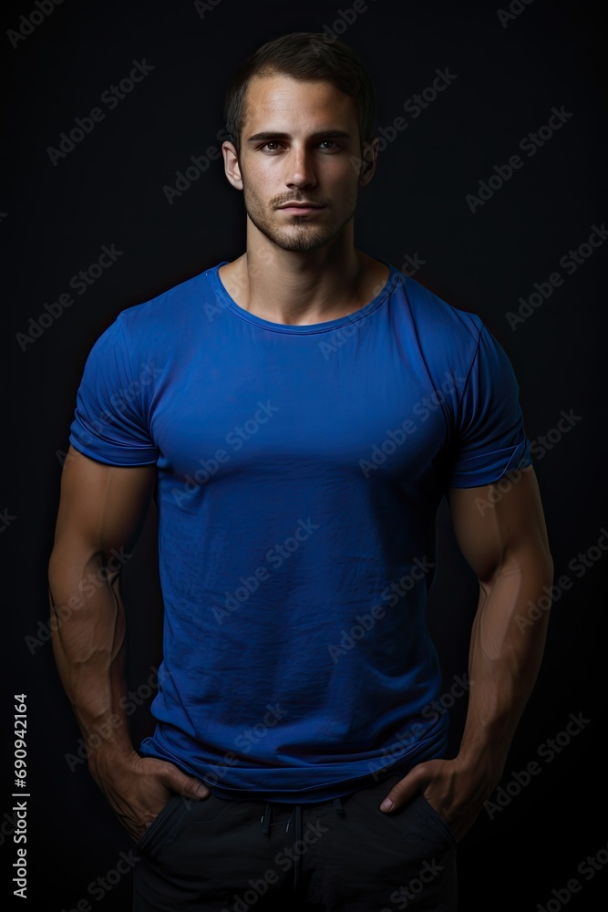 Muscular male fashion model with a blue t-shirt. Muscular male fashion model with a blue t-shirt.