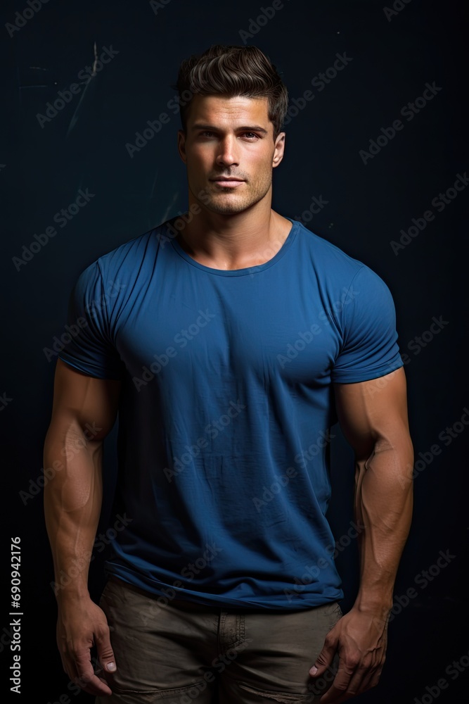 Muscular male fashion model with a blue t-shirt.