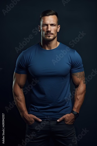 Muscular male fashion model with a blue t-shirt.