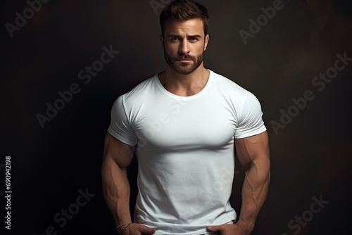 Muscular male fashion model with a blue t-shirt.