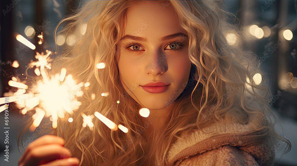 white blond girl holding a sparkler