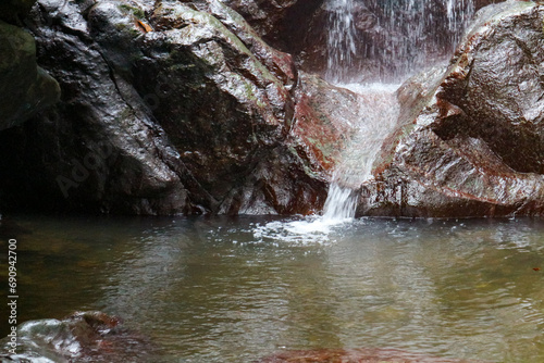 Waterfall in the forest with rocks and plants in the background.