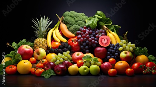 Assorted fresh fruits and vegetables on a dark background  showcasing a variety of colors and textures. Healthy food concept.