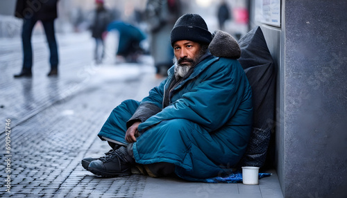 Gray everyday life: homeless person in the cold of the city photo