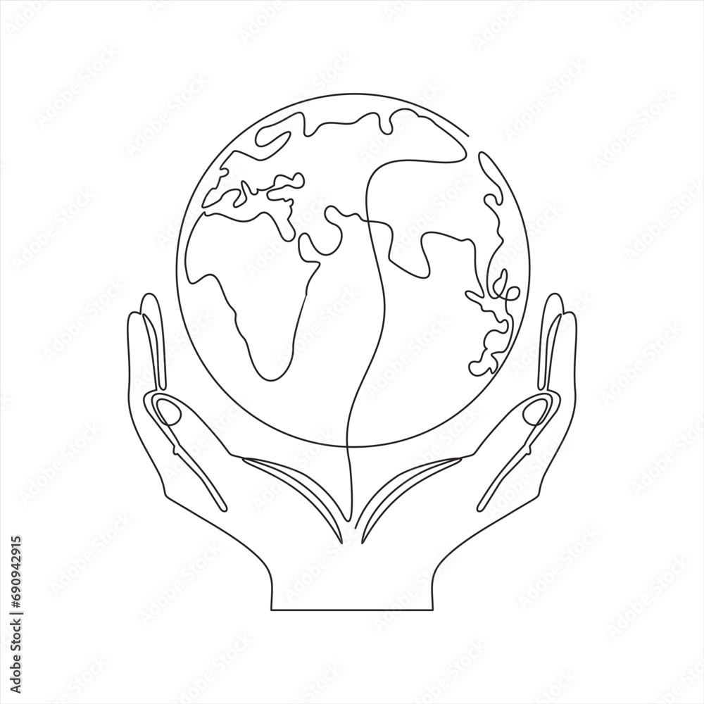Single one-line drawing of two hands protecting the preservation of the earth. Earth day concept. continuous line draw design graphic vector illustration Single one-line drawing of two hands protecting the preservation of the earth. Earth day concept. continuous line draw design graphic vector illustration