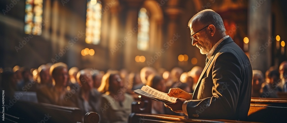 Obraz premium Praying in church with a Bible on a podium is done by an experienced pastor..