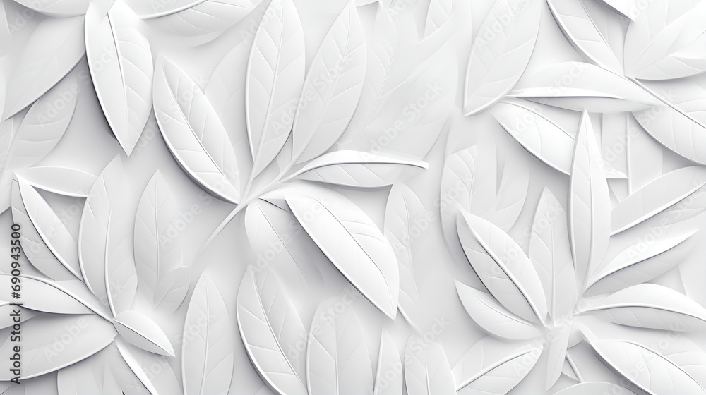 White geometric floral leaves tiles wall texture Ancient emboss square frame border.3d mural wallpaper.AI Generative  - obrazy, fototapety, plakaty 