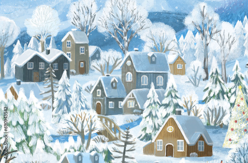 cartoon christmas scene with city in the winter with some wild animals near the town illustration for children