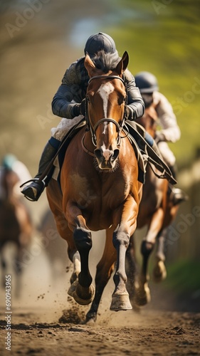 On the home straight, race horses with jockeys. © tongpatong