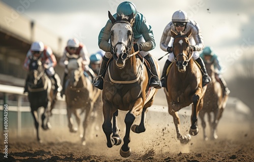 On the home straight, race horses with jockeys. © tongpatong