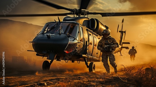 Fotografia Troops getting into a chopper .