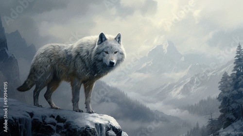 a lone wolf traversing a snowy wilderness, capturing the wild spirit of nature in its frozen splendor.