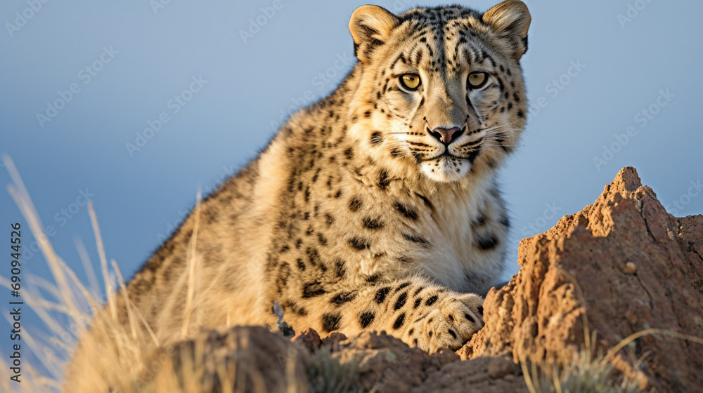 Naklejka premium Snow Leopard Surveying its Mountain Domain: A majestic snow leopard perched on a rocky outcrop, surveying its vast mountainous domain.