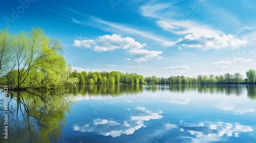 a peaceful lake reflecting a clear blue sky, framed by newly leafed trees, in a harmonious spring landscape.