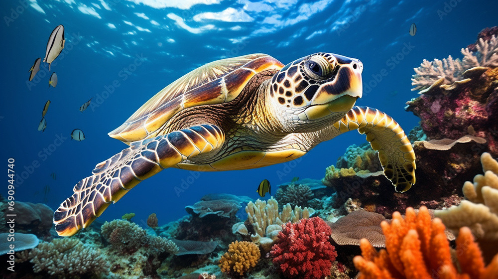 Hawksbill Turtle Gliding Through Coral Reefs: A hawksbill turtle gracefully gliding through vibrant coral reefs, symbolizing the delicate balance of marine ecosystems.