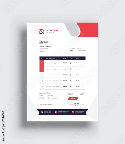 Business stationery design payment agreement design template. Minimal Corporate Business Invoice design template Bill form price invoice. Creative invoice template vector.