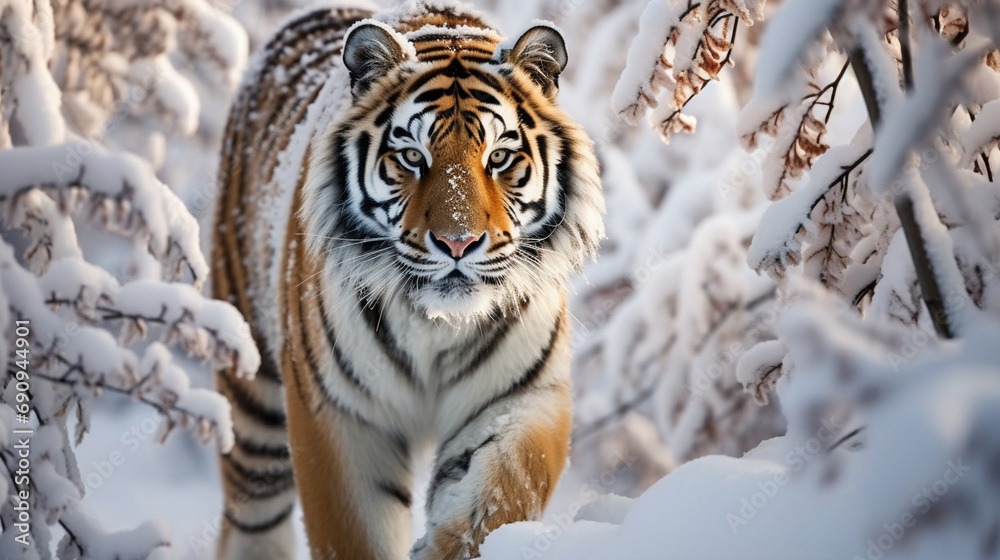 Obraz premium Amur Tiger in Winter Wonderland: An Amur tiger navigating a snowy landscape, illustrating the adaptability of these majestic creatures.
