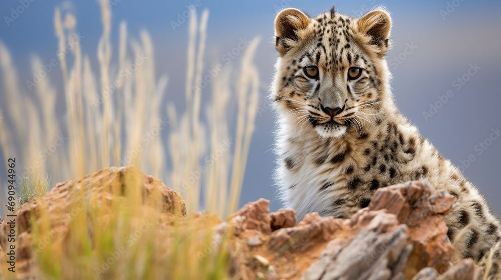 Obraz premium Snow Leopard Gazing into the Abyss: A snow leopard perched on a cliff, gazing into the vastness of its high-altitude habitat.