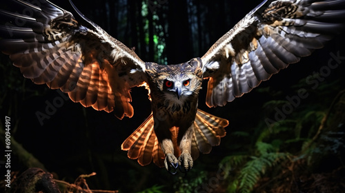 Philippine Eagle Owl in Night Hunt: A Philippine eagle owl captured mid-flight during a nocturnal hunting expedition. photo