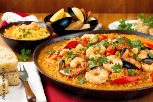 Spanish cuisine. Spanish paella with shrimps, musselspus and vegetables. Seafood paella with prawns, mussels and tomatoes. Generative AI