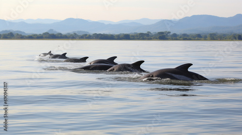 Irrawaddy Dolphin Pod in River: An Irrawaddy dolphin pod swimming together in a river, showcasing the beauty of these aquatic mammals in their natural habitat.