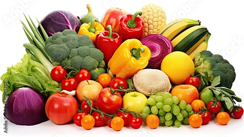 Assorted fresh vegetables and fruits on a white background, vibrant colors, healthy food concept.