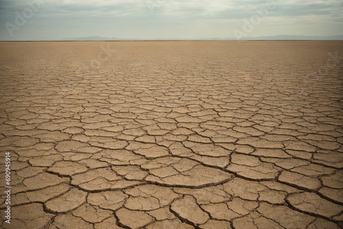 A landscape with dry cracked earth, a dried-up reservoir due to extreme drought, and natural conditions.