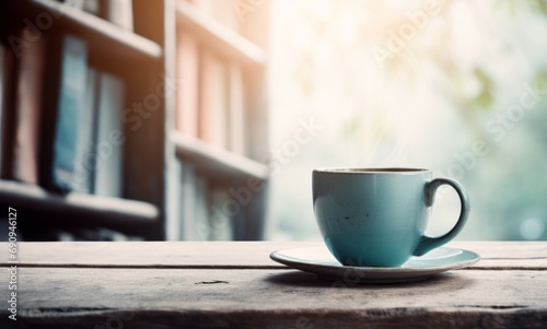 Coffee cup with steam on wooden table