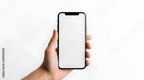 Hand holding mobile cell phone with blank screen for mockup design isolated on a white background