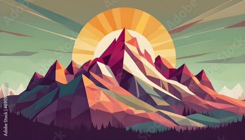 a mountain with a sunset in the background  symmetrical illustration  low polygons illustration.