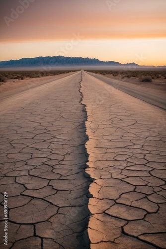 The road is cracked due to drought. Natural disaster in nature, climate, cataclysm, catastrophe concepts.