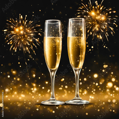 Golden background with golden champagne glasses with fireworks