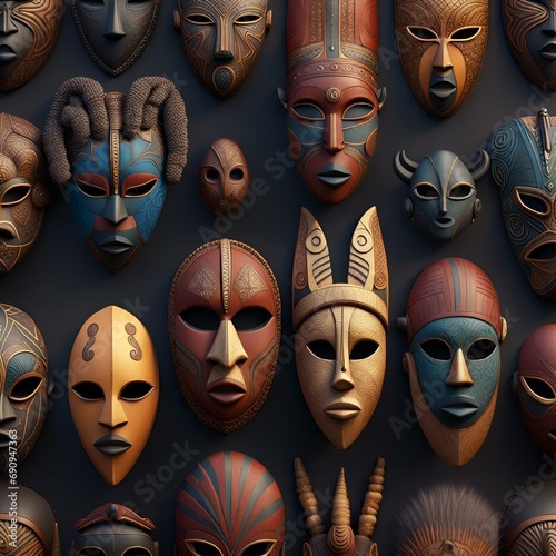 Vibrant assortment of African masks are displayed on a wall, creating a stunning visual display