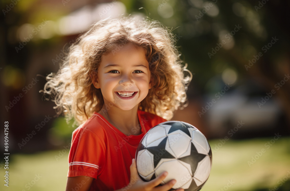 Happy young girl holding soccer ball outdoors Happy young girl holding soccer ball outdoors