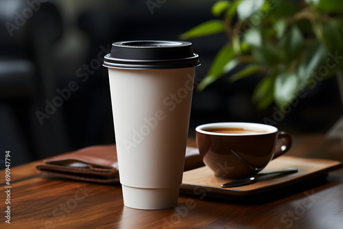 paper cup of coffee to take away, a mockup. coffee to go, a table in a cafe. empty space for your text.
