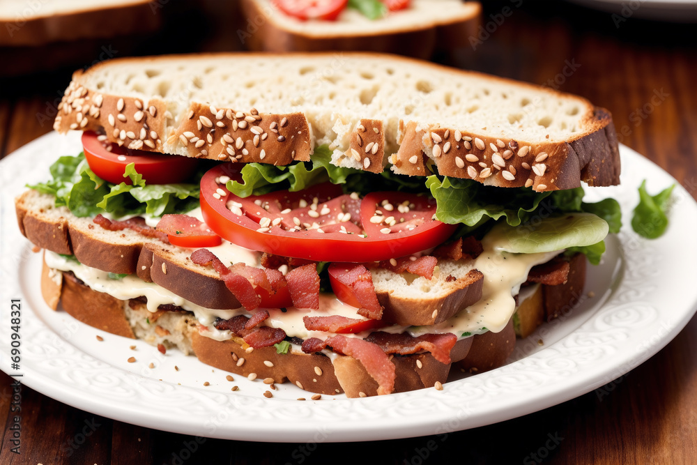 Sandwich with bacon, cheese, tomato and lettuce on wooden table. Generative AI Sandwich with bacon, cheese, tomato and lettuce on wooden table. Generative AI
