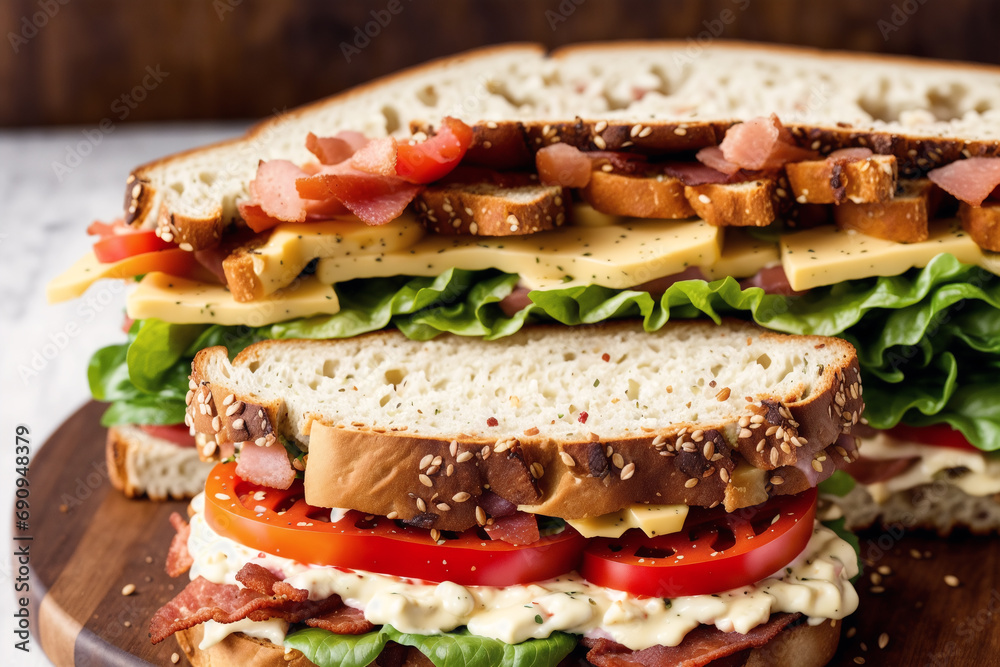 Sandwich with bacon, cheese, tomato and lettuce on wooden table. Generative AI
